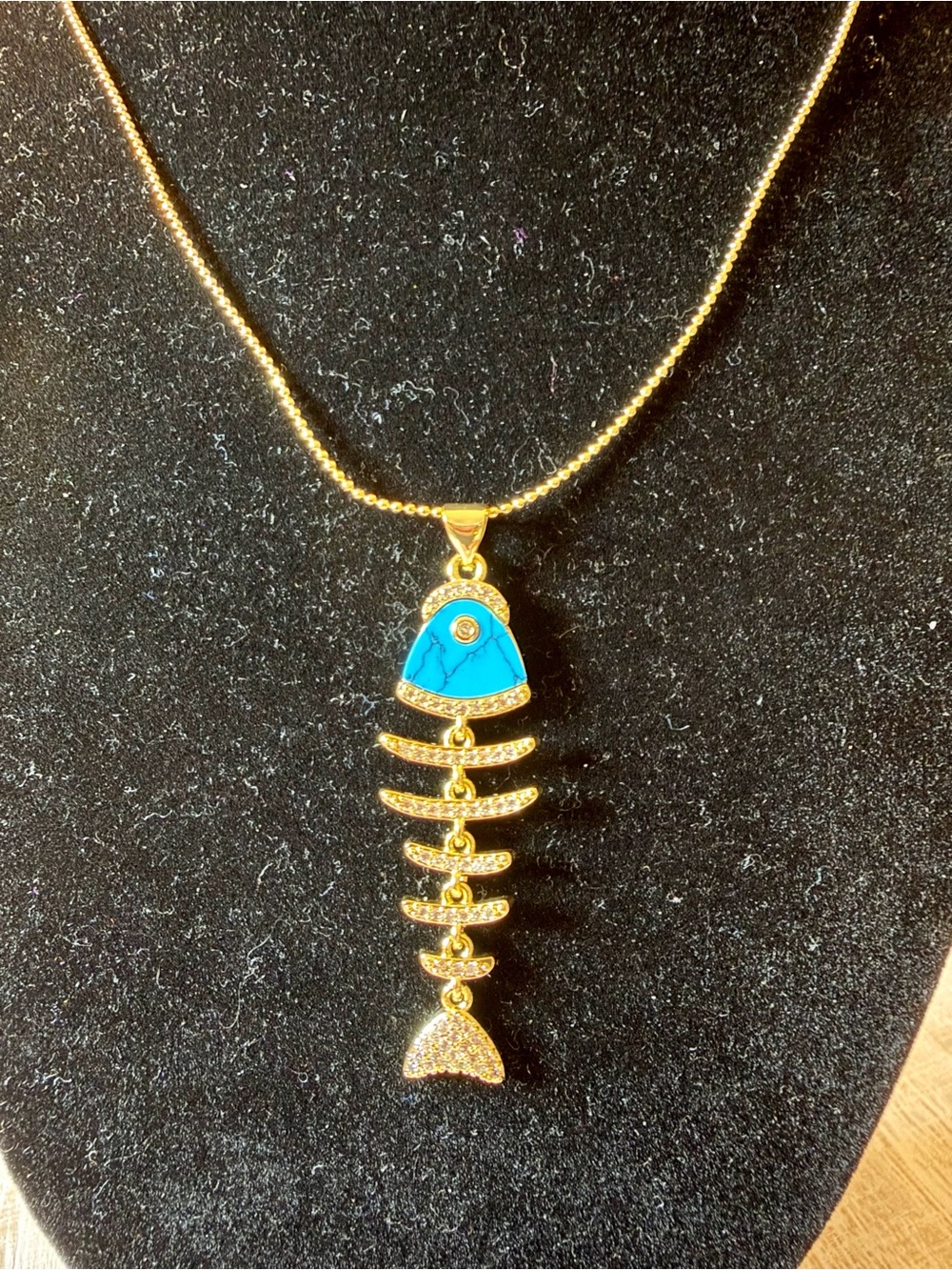 14k Gold-Plated Turquoise Fishbone Pendant Necklace - 22” adjustable chain